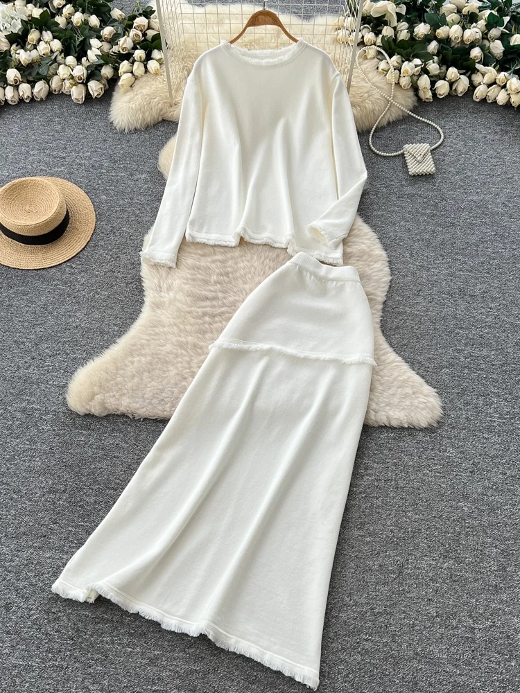 

Laid-ba Sle Knitted Sweater Set Women's Loose Casual Asymmetrical Hem High Waist Skirt Autumn Winter Faion Ensemble
