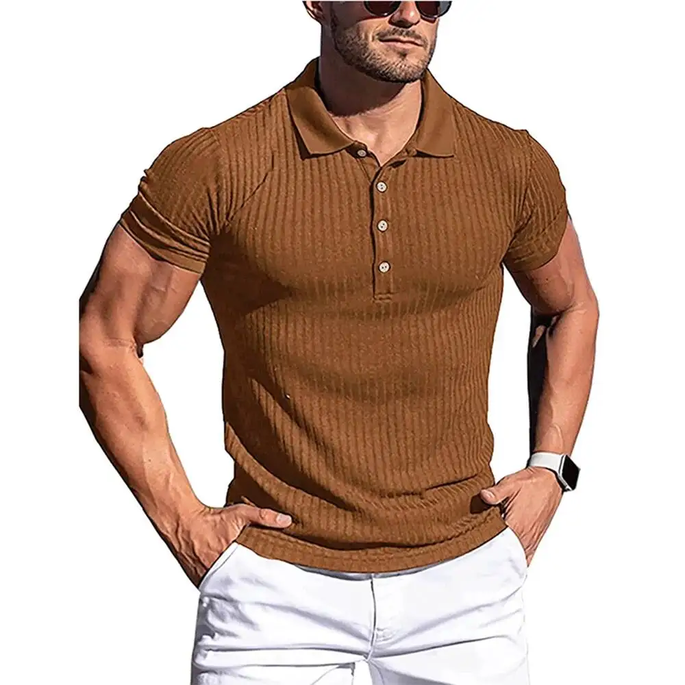 

New Summer Solid Stripe Fitness Elasticity Short Sleeve Polo For Men Fashion Stand Collar Mens Shirts
