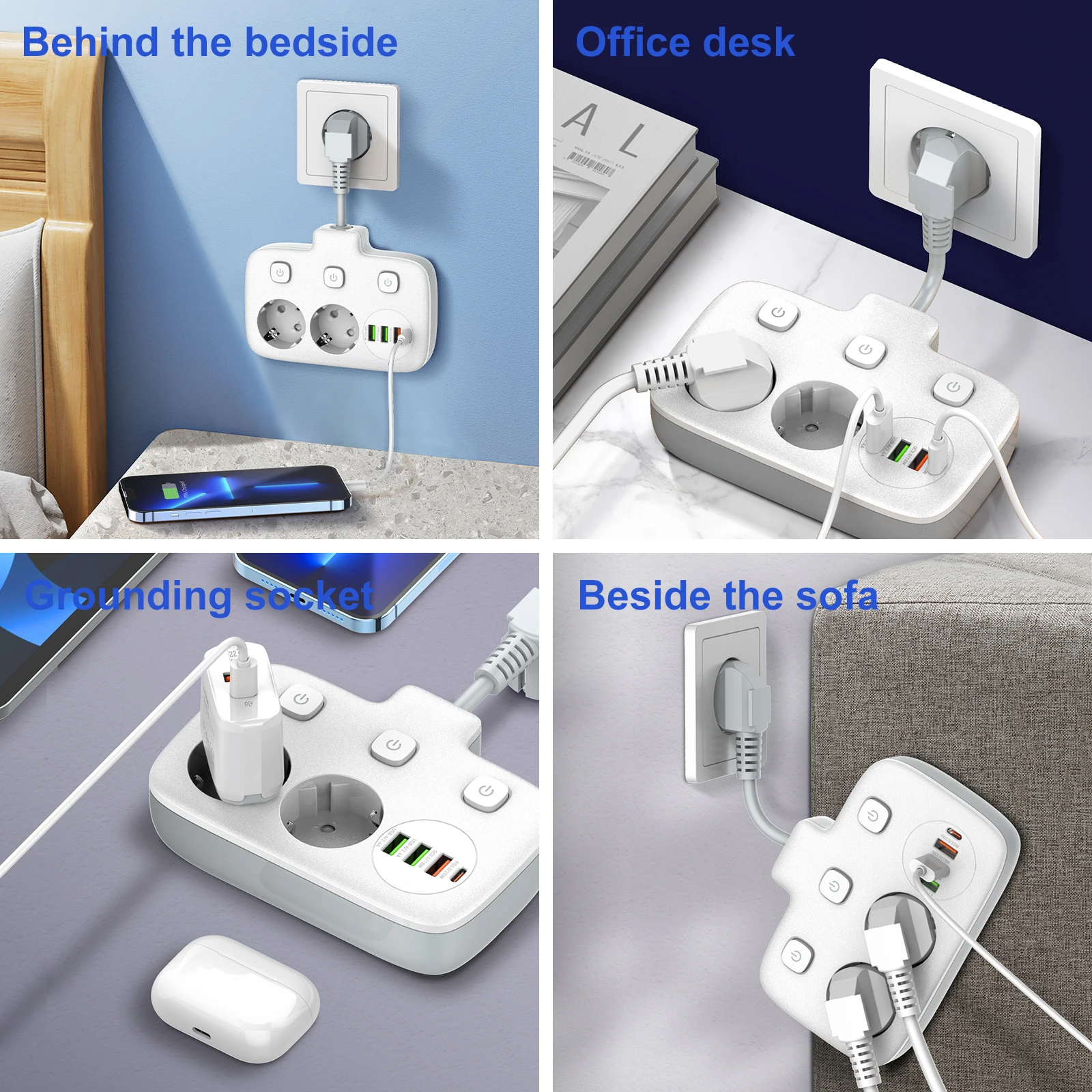 EU Plug Power Strip Wall Socket 2 Outlet With 3 USB-A and 1 Type C Fast Charge Electrical Sockets Expansion Plug With Switches