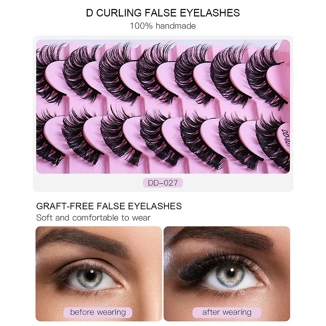 10Pairs Lashes DD Curl 8-23mm Russian Lashes 3D Mink Eyelashes Reusable Fluffy Russian Strip Lashes eyelash extension