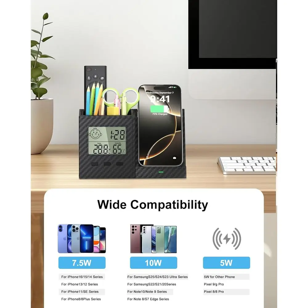 Wireless Charging Desk Organizer with Digital Thermometer, Humidity Monitor, and Storage for Home Office