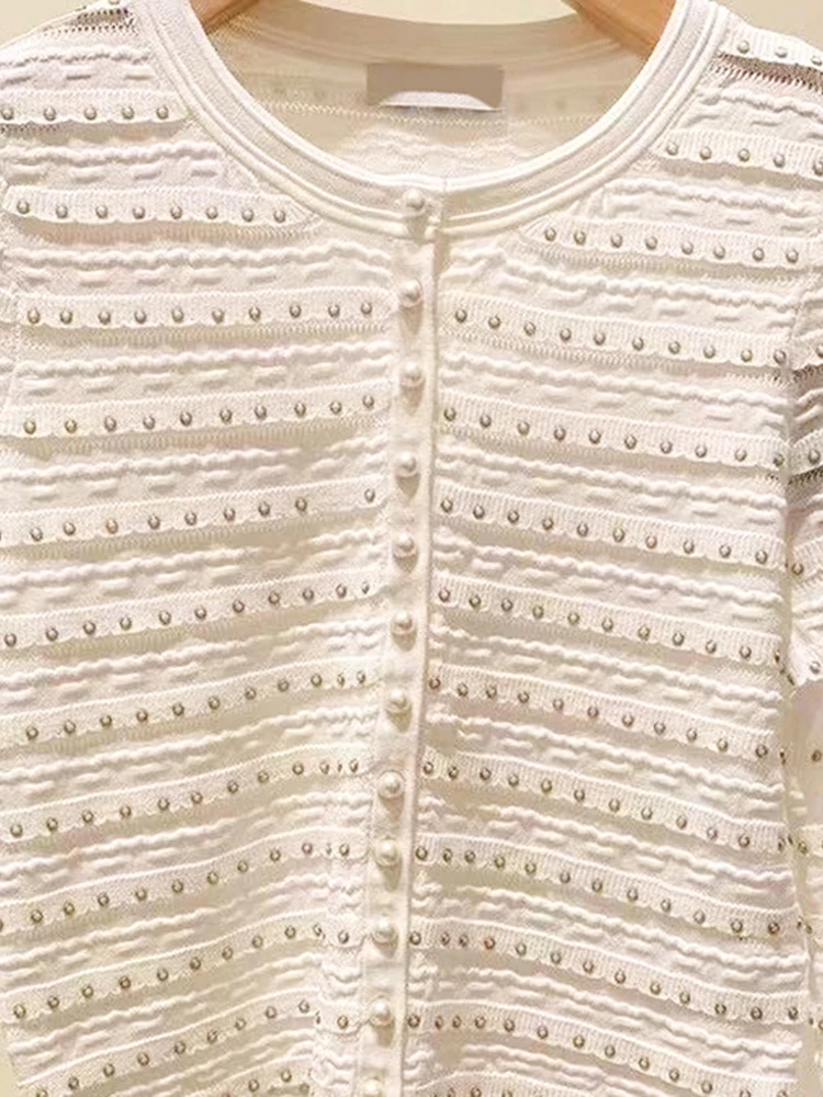 سترة نسائية محبوكة من S Home South Oil الراقية مع زخرفة لؤلؤية مخططة صغيرة Fraance Sle الخريف Faion #3