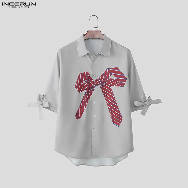 

INCERUN Мужская рубашка с принтом на шнуровке с лацканами и половиной рукава Свободная мужская одежда Уличная одежда в корейском стиле Модные повседневные топы Мужские рубашки