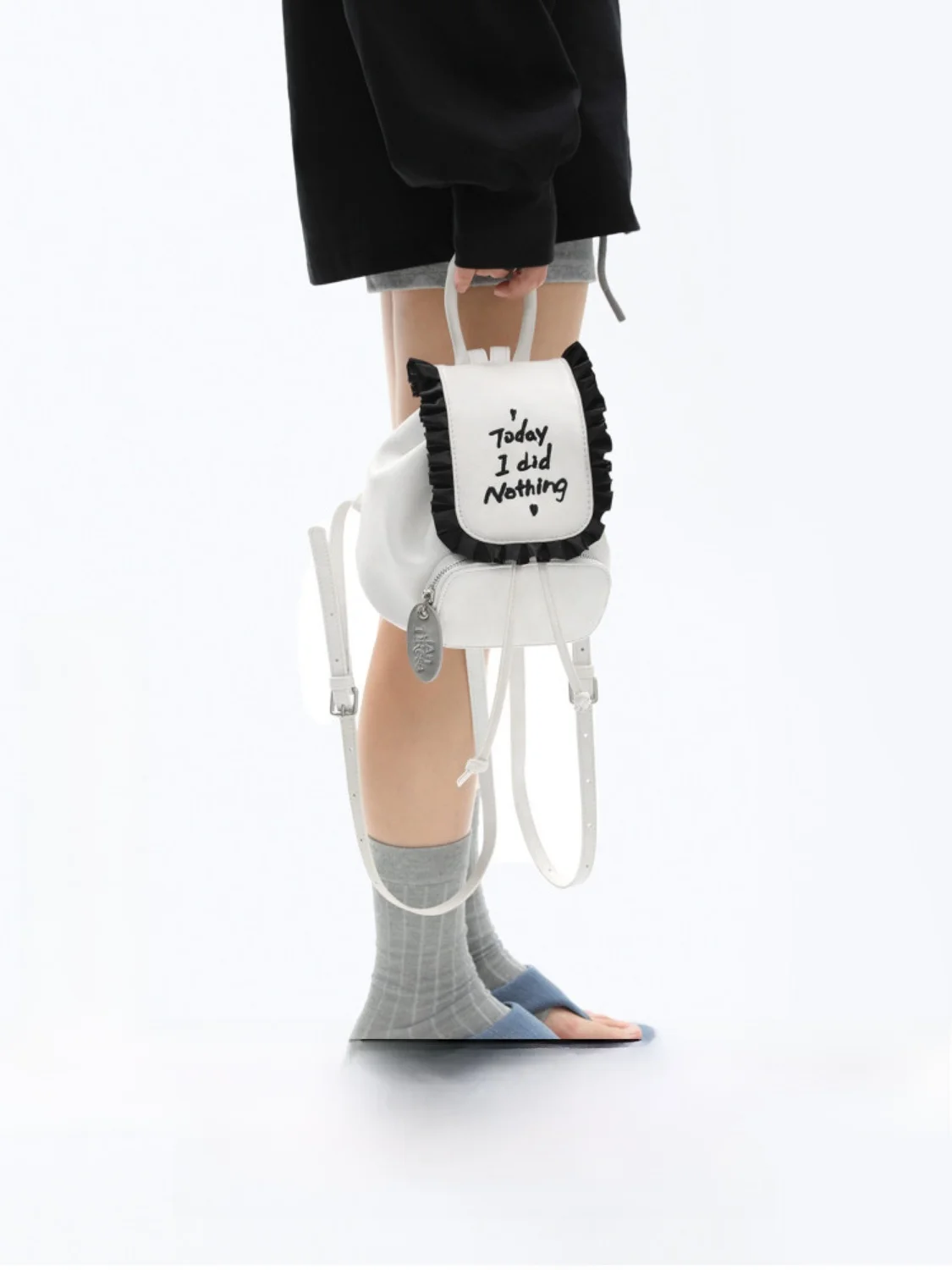 

Lightweight Ruffle Backpack Original Dirty White Today I Did Nothing Series Fashionable Bucket Shape Backpack for Youth