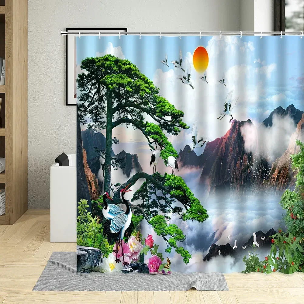 3D Waterfall Shower Curtain Spring Natural Landscape Tree Birds Home Bathroom Bathtub Decorative Cloth Waterproof With Hook