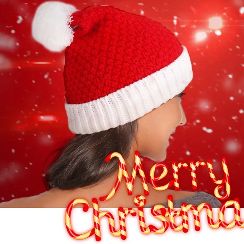 

Cute Strip Knitted Christmas Hat Knitting Cartoon Ball Soft Beanie Muffler Cloth Accessories Santa Hat Women
