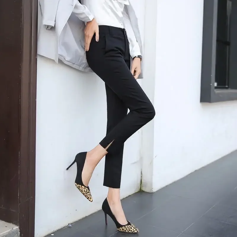 

Nine-point Women's Trousers Spring Office Lady Pockets Straight High Waist Rivet Split Black Small Feet Casual Suit Pants Z611