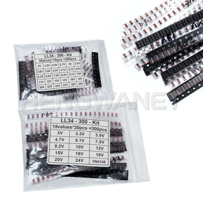300PCS SMD 0.5W 1/2W 3V-24V 2V-39V SMD Diode Set 1N4148 LL34 Zener Diode Kit