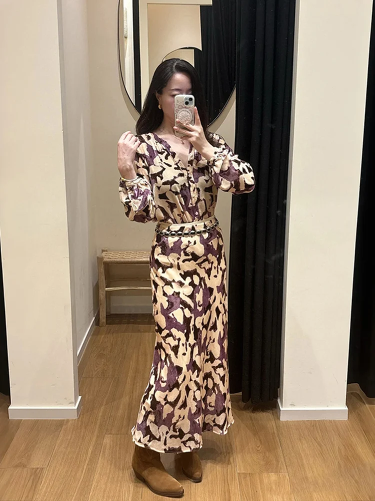 

Fashionable Velvet Print Shirt And Long Skirt Set for Women Elegant Purple Brown Floral Patterned Autumn Winter Outfit