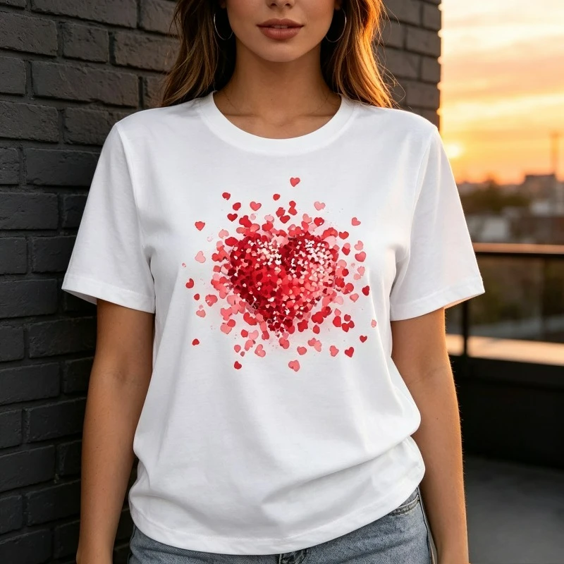 Red Heart Circle Print T-Shirt Women Modal Fabric Loose Crew Neck Tee Love Heart Casual Daily Valentine Streetwear Top