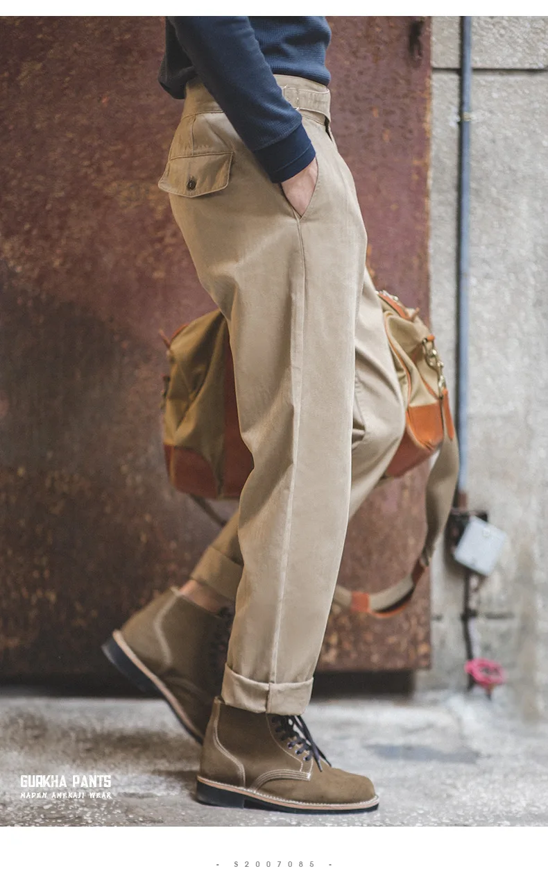 Maden Vintage Khaki Gurkha Hose, verstellbar, hohe Taille, lässige Cargo-Arbeitshose, klassische gerade Hose für Herren, Frühling und Herbst – Detail 17