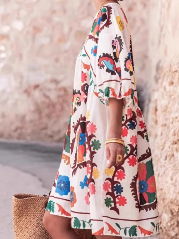 Fashion Print Loose Dress For Female Casual V Neck Three Quarter Pullover Dresses Women Boho Holiday Beach Skirt Womens Clothing