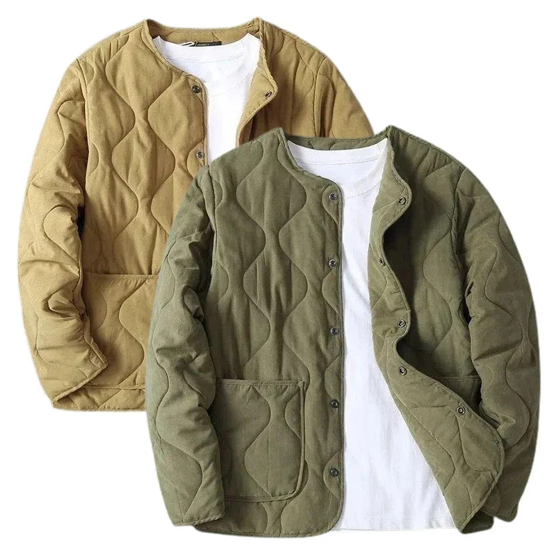 

2024 Autumn Winter O-neck Quilted Jacket Men's Versatile Army Green Retro Thickened Coat Men Techwear Button Up Oversize