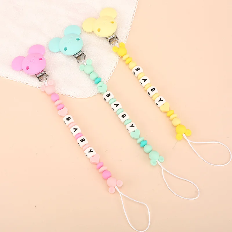 INS Baby Pacifiers Clips Personalized Name Cartoon Silicone Dummy Nipples Holder Clip Chain Accessories Teething Toys BPA Free