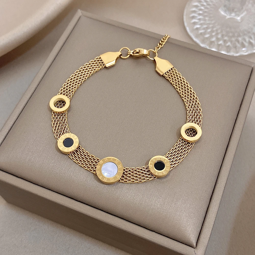 Vintage Shell Gold Color Roman Numeral Beads Bracelet for Women Men Unique Stainless Steel Wristband Bracelets Charm Jewelry