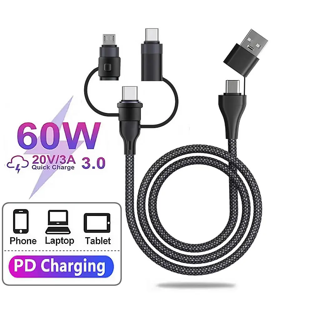 4 5 in1 Multi Charging Cable PD 60W Fast Charging Portable USB C Charging Cord & Data Sync with Type C/Micro USB/Lightning Ports