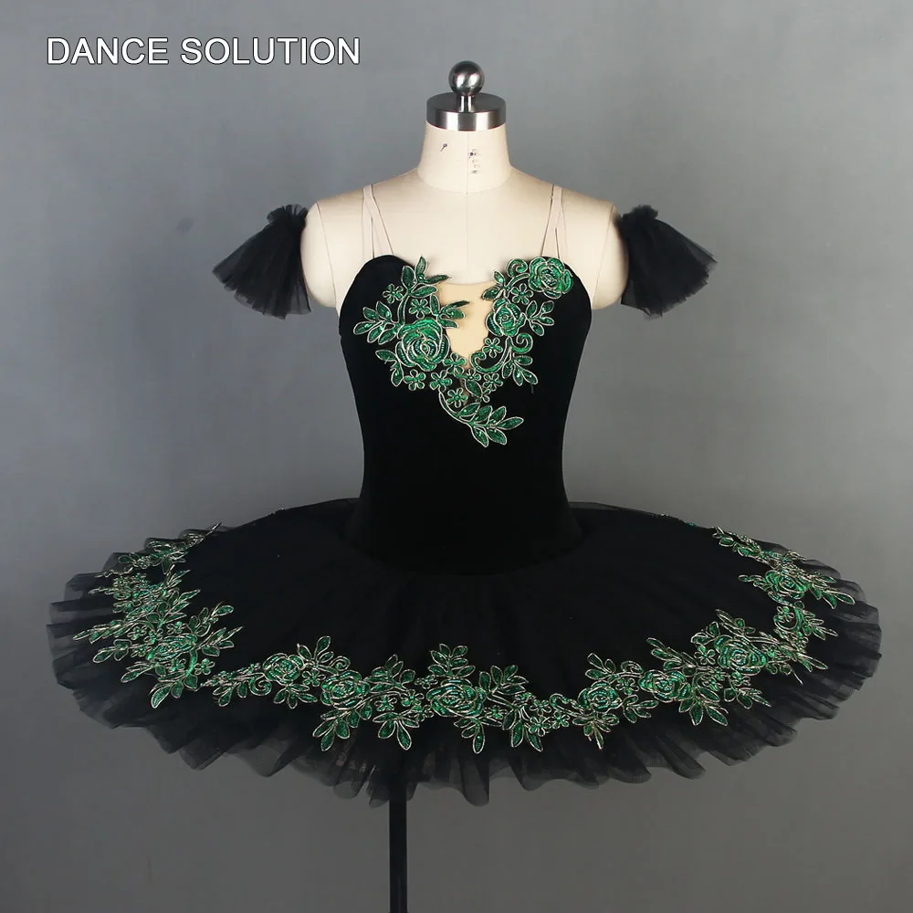 

Black Velvet Camisole Bodice with Green Applique Tutu Dress for Girls & Women Ballerina Stage Performance Costumes BLL110