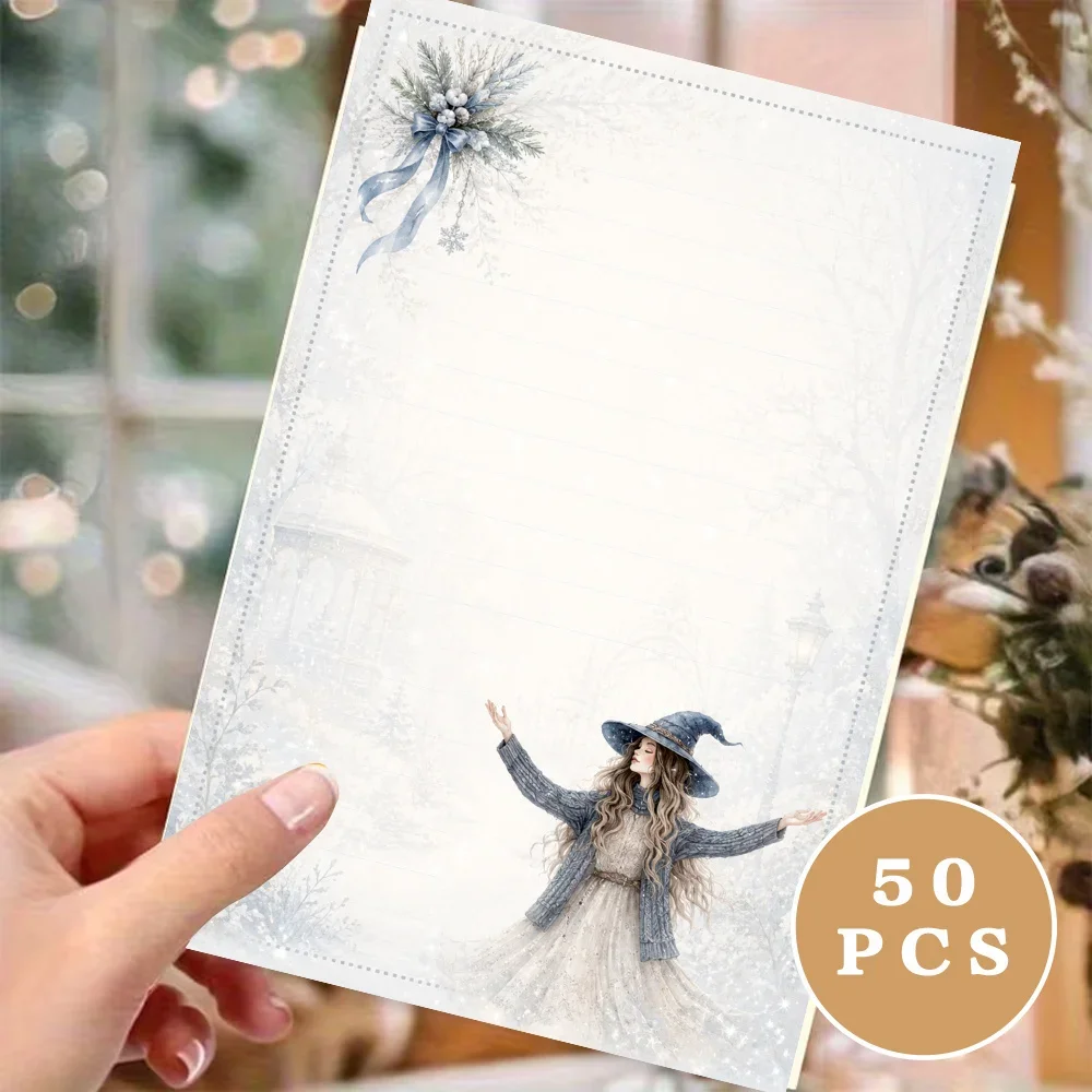 50 Sheets, Winter Witch-themed Writing Paper, Lined, Glue-free, Perfect For Notebooks, Memos, And Stickers