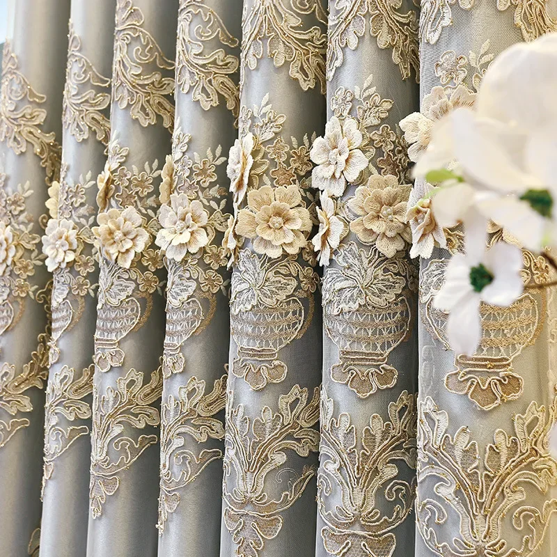 European Luxury Embroidered Double-Layer Semi-Blackout Curtains Custom for Living Room and Bedroom High Shading Rate Curtains
