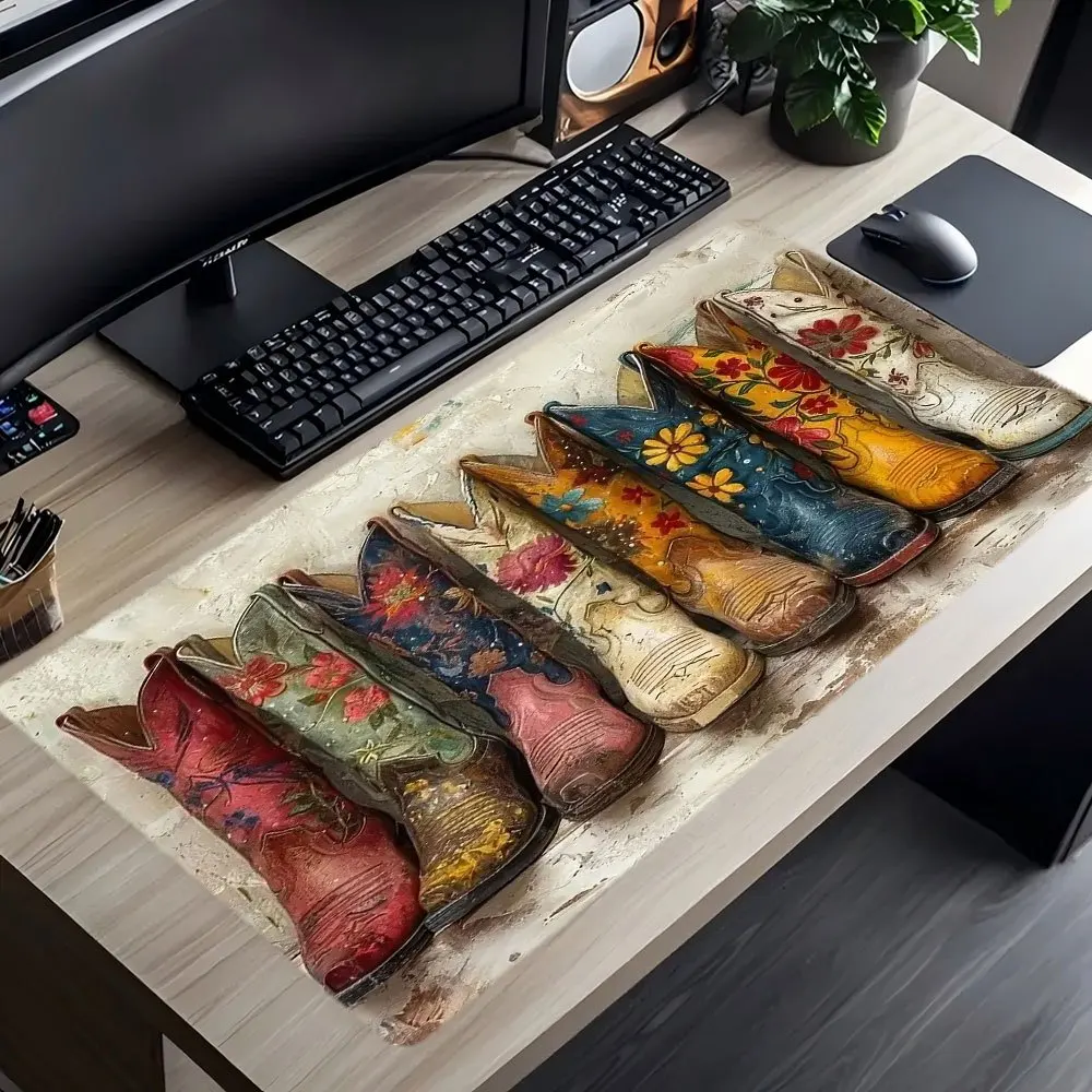 Cowboy Boots Floral Design Extended Desk Mat Non-Slip Rubber Mouse Pad for Office and Gaming