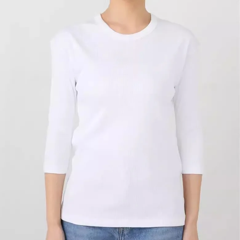 Supima Cotton Yarn Elastic Comfortable Non-Rebound Seven Sve Casual Fit round Ne Pullover Spring Autumn Ladies T-irt