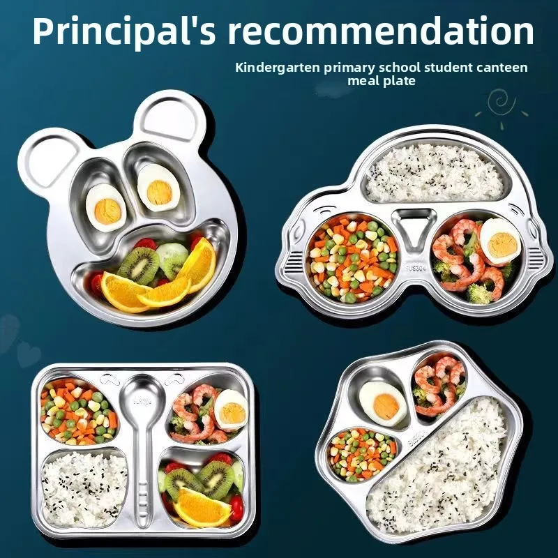 304 Stainless Steel Kids Divided Lunch Tray, Cartoon Compartment Plate for Kindergarten, School Canteen, Toddler Dinnerware
