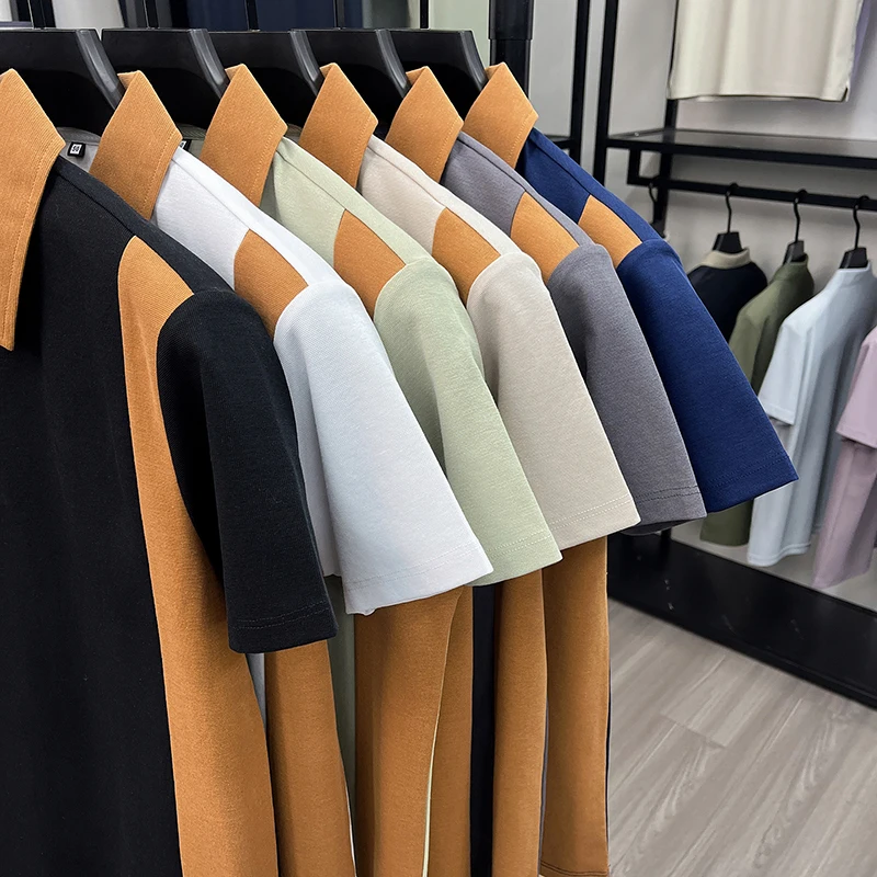 Hochwertiges Marken-Poloshirt aus Seide und Baumwolle mit kurzen Ärmeln bequemes atmungsaktives Herren-T-Shirt Sommer neue Mode Farbblockierung lässiges Oberteil – Detail 4