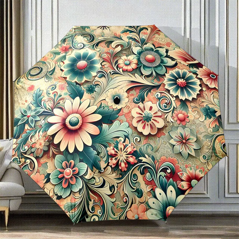 

Automatic Folding Umbrella Floral with swirling leaf motifs. Portable collapsible design, casual outdoor accessory, Christmas