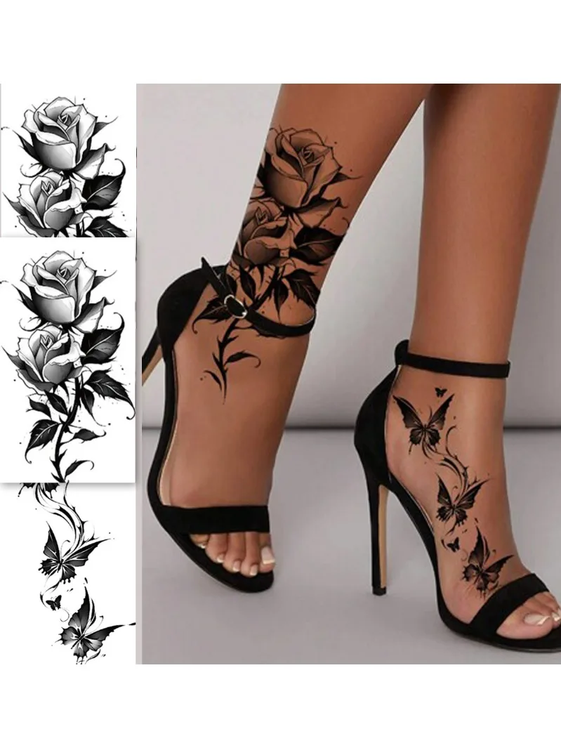 Autocollants de tatouage temporaire pour bras et jambes, fleur de Rose, papillon, Design de poitrine et de cuisse Sexy, imperméable, parfait pour les femmes, 3 pièces