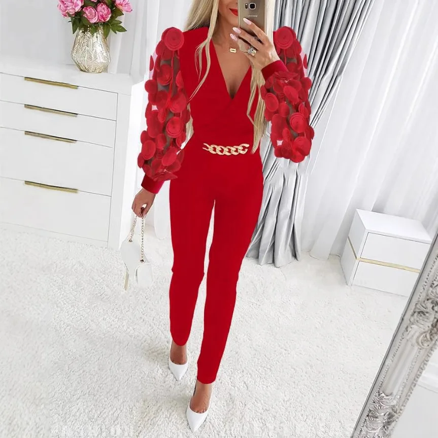 New 2025 Spring and Autumn Casual Women's Suit Elegant Women's Three-dimensional Lantern Long Sleeve Fashion Chain Jumpsuit