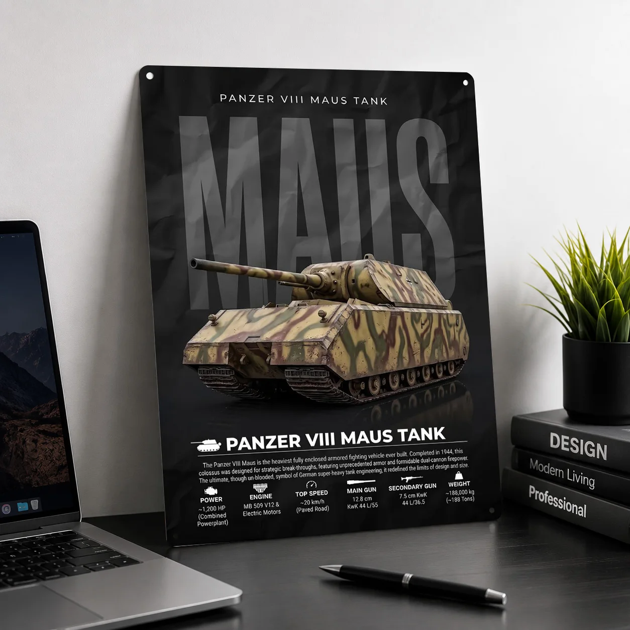 Panzer VIII Maus Tank Infographic 3D Texture Metal Poster Customized Wall Art Tin Sign Gift for Mancave Room Decoration Cozy