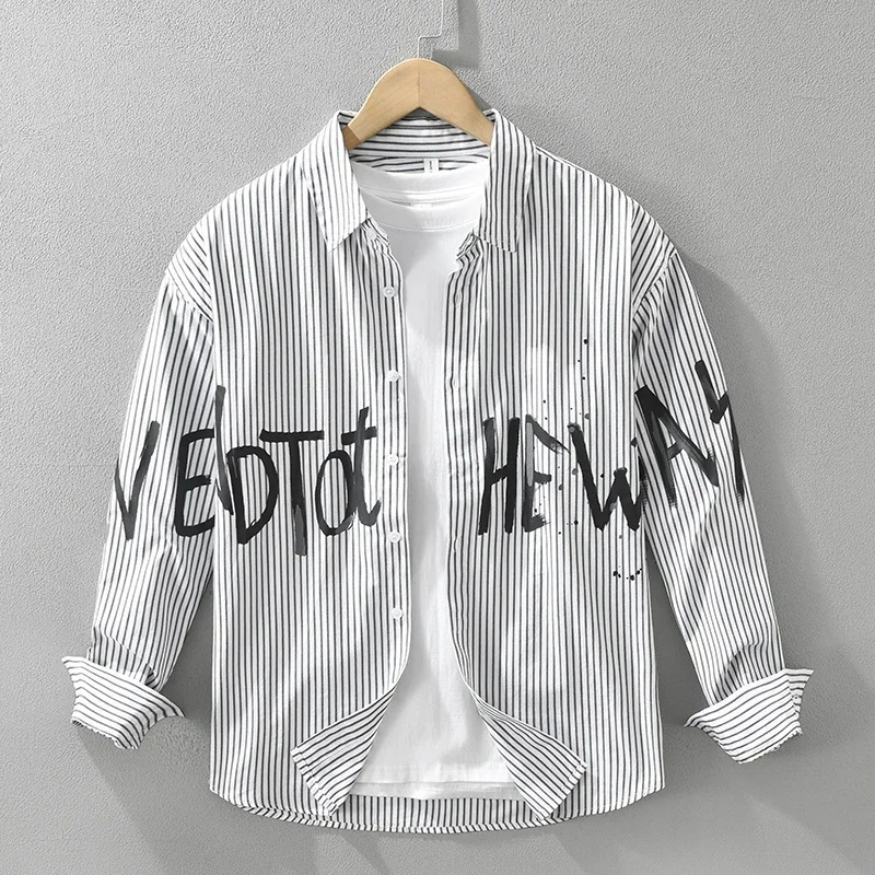 Striped Shirts for Men Casual Turn-down Collar Basic Classic Tops Letter Print The Latest Fashion Trend Men's Clothing