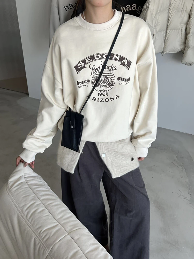 

Spring Autumn Korean Letter Cartoon Printed Round Neck pullover Women's Casual Loose Fit Hoodie with Off Shoulder Sleeves Top