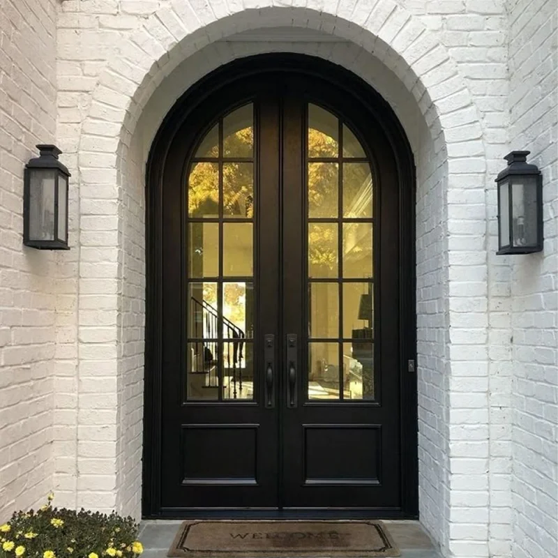 

Modern glass French wooden door new design black aluminum alloy wood retro double arched entrance door
