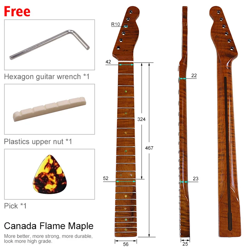 

ST2 1-fret integrated tiger-grain roasted maple glossy 5.6cm wide electric guitar neck DIY professional modified guitar handle