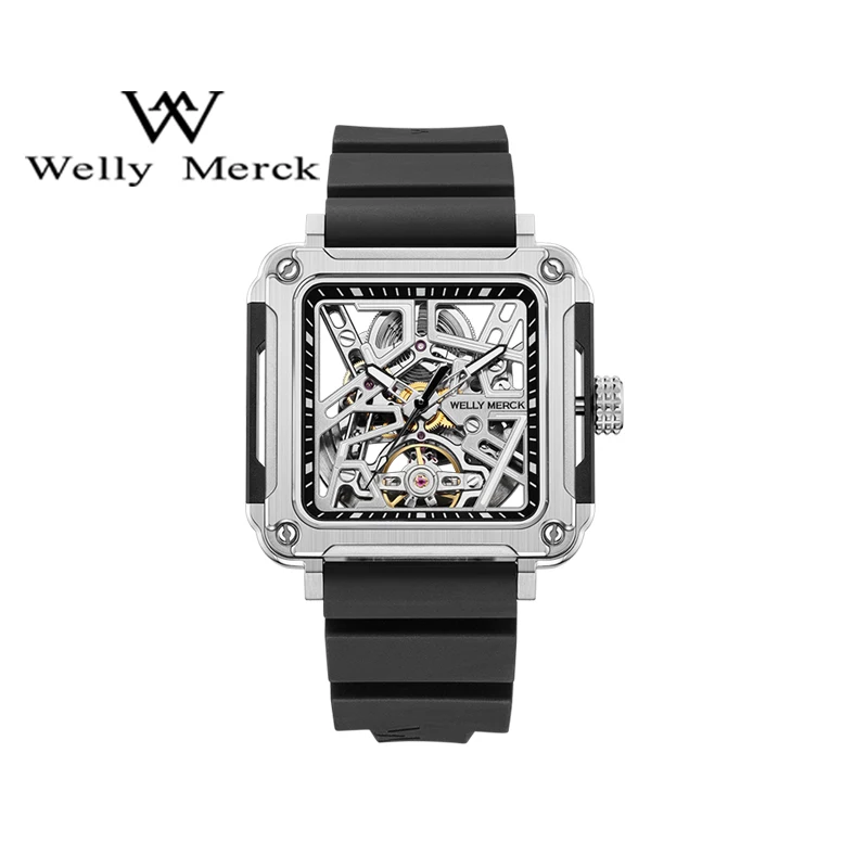 Welly Merck Automatic Mechanical Watches Man Stainless Steel Water Resistant reloj hombre Sapphire Square Skeleton Mans Watch