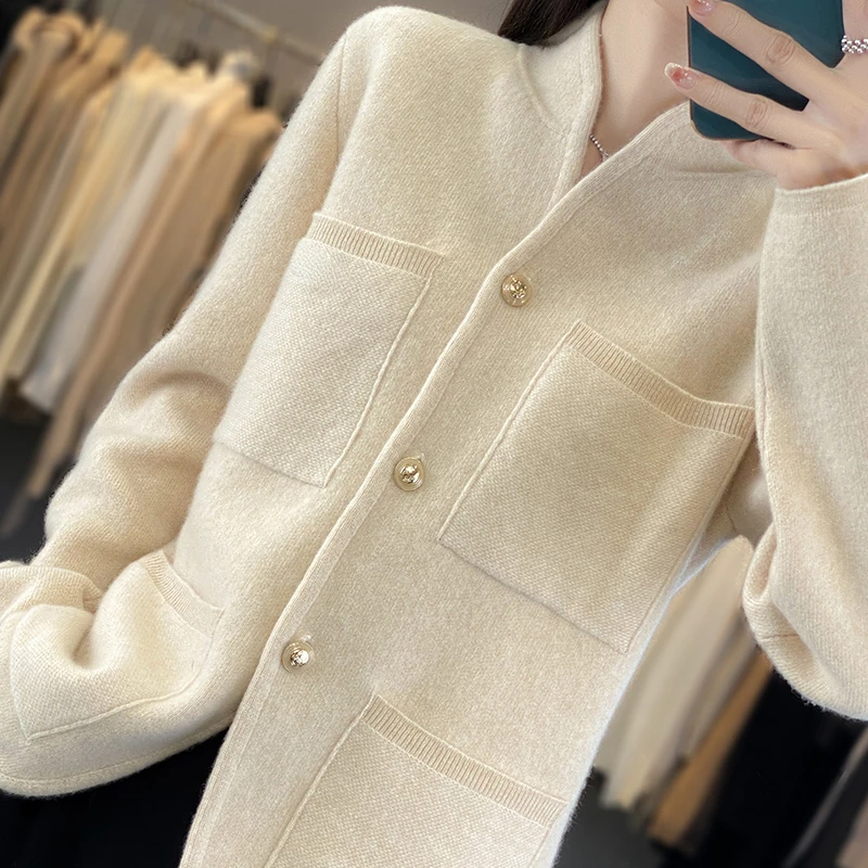 2024 Autumn Winter New Knitted Cardigan Sweater Women\'s Vintage Stand Collar Solid Long Sleeve Casual Loose Knitwear Jacket Coat