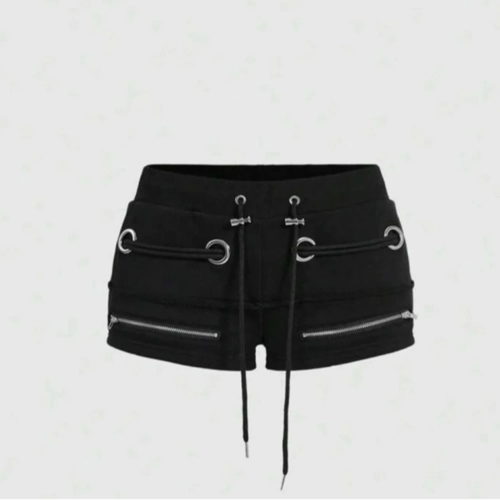 American Street Metal Eyelet Drawstring Tassel Shorts Low Waist Zipper Pocket Slim Solid Color Hot Pants for Spice Girls.