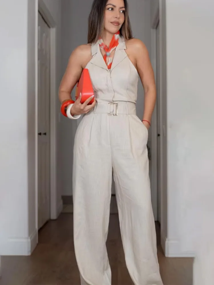 

HH Woman Fashion Sleeveless Jumpsuits Turn-Down Collar Belt Decoration Single-Breasted Woman Summer Backless Jumpsuit Trendy