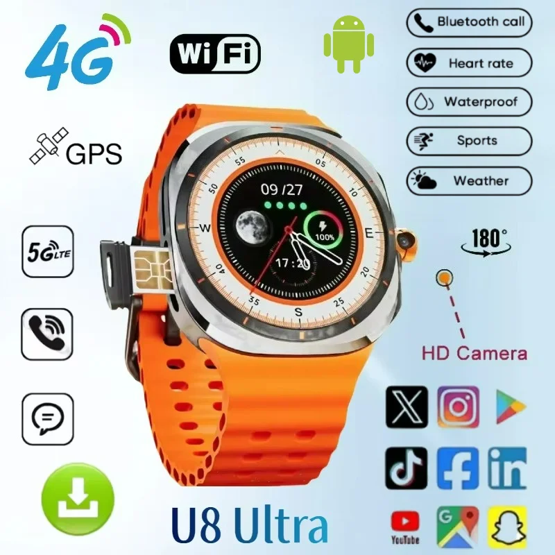U8 Ultra New 5G SIM Card WiFi Smartwatch NFC GPS Positioning Compass 128GB Smart Watch Men HD 180° Rotating Camera Sport Watch