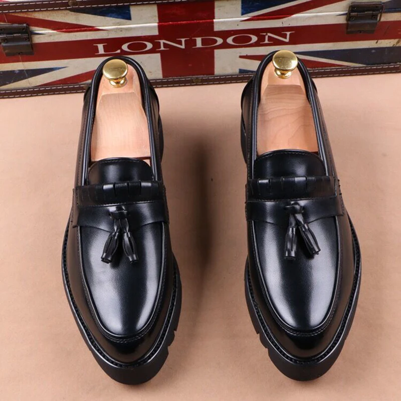 Korean style mens casual business wedding formal dress soft leather shoes slip on tassels shoe black tide platform loafers male