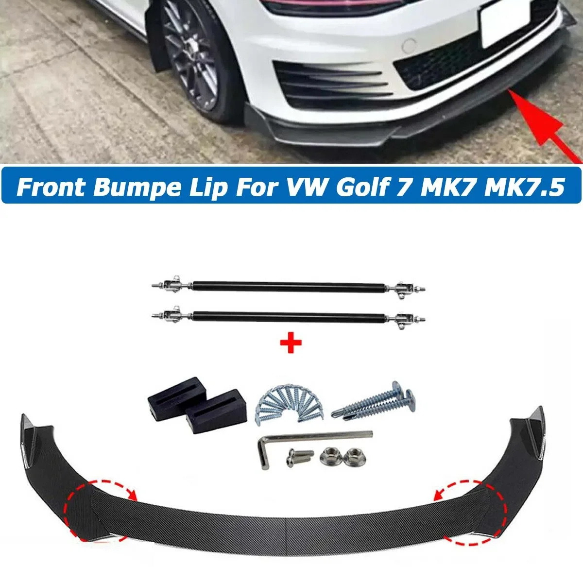 

Universal Front Bumper Lip Spoiler For VW Golf 7 MK7 MK7.5 Side Splitter Body Kit Guards w/ 15cm Strut Rod Car Accessories