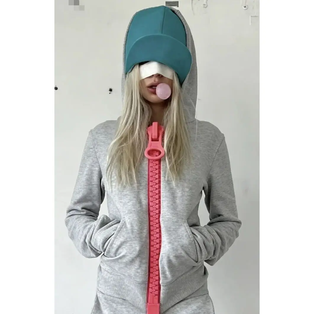 HOUZHOU Y2k Women Solid Color Zipper Hoodie Female Color Blocking Loose Sweatshirts Street Harajuku Casual Long Sleeve Tops
