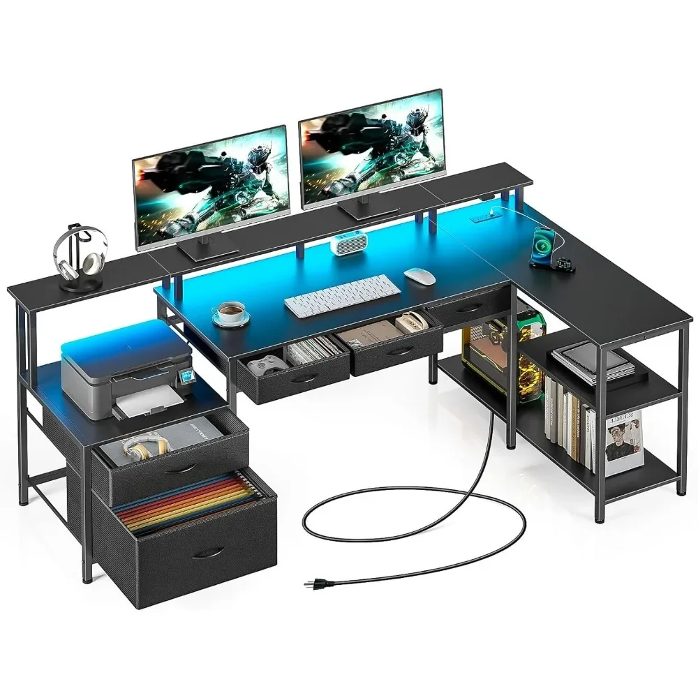 

L Shaped Desk with File Drawers, 64" Home Office Desk with Power Outlet & LED Lights, Reversible Gaming Desk with Printer