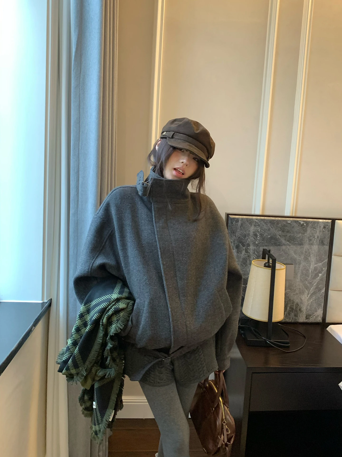 

ey Woolen Biker Jaet Sweet Cool Casual Stand Collar Women's Coat Autumn New Sle Comfortable Korean Version Long Sve ...