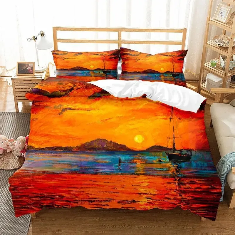 

Oil Painting Landscape Duvet Cover King Queen Size Seaside Sunset Colorful Painted Style Art Print Polyester Comforter Cover