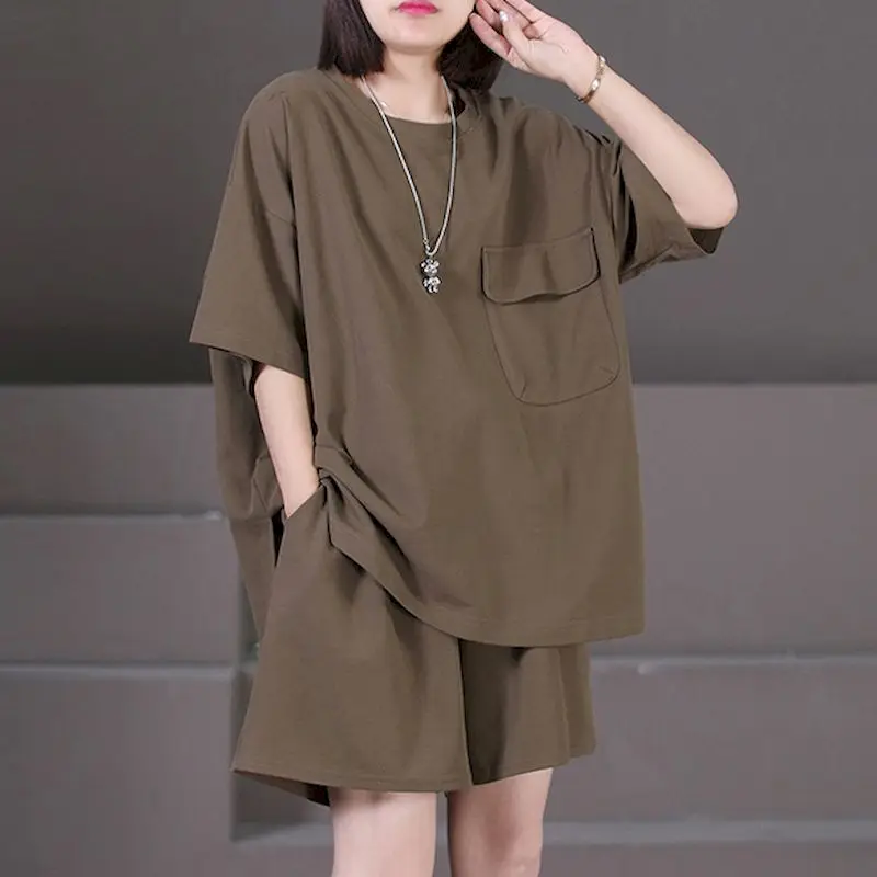Fashion Design Shorts Suits for Women Summer Trend Oversized Pocket T-shirt and  Loose Slimming Shorts Casual Two-piece Sets