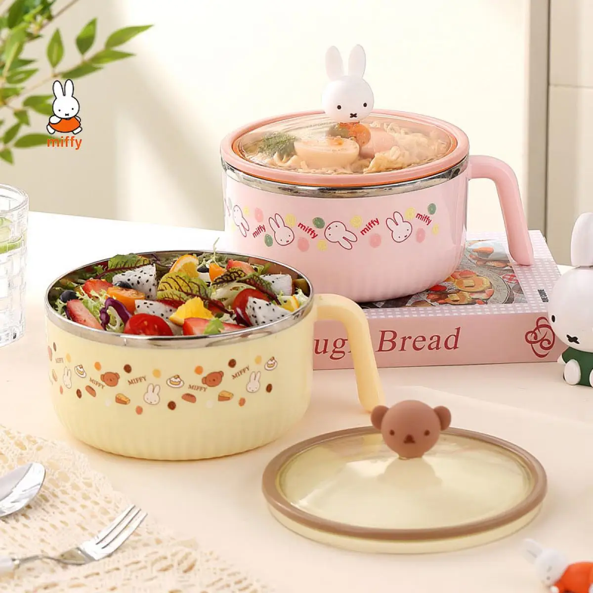 

Miffy Kawaii Cartoon Round Stainless Steel Bowl Cute Rabbit Anime Portable Lunch Box Sweet Fast Food Bowls with Lids