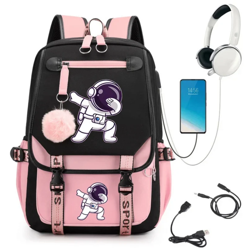 USB carregamento dos desenhos animados astronauta mochila, saco de escola infantil, anime Bookbag, estudante, meninas, adolescente Bagpack, nova moda