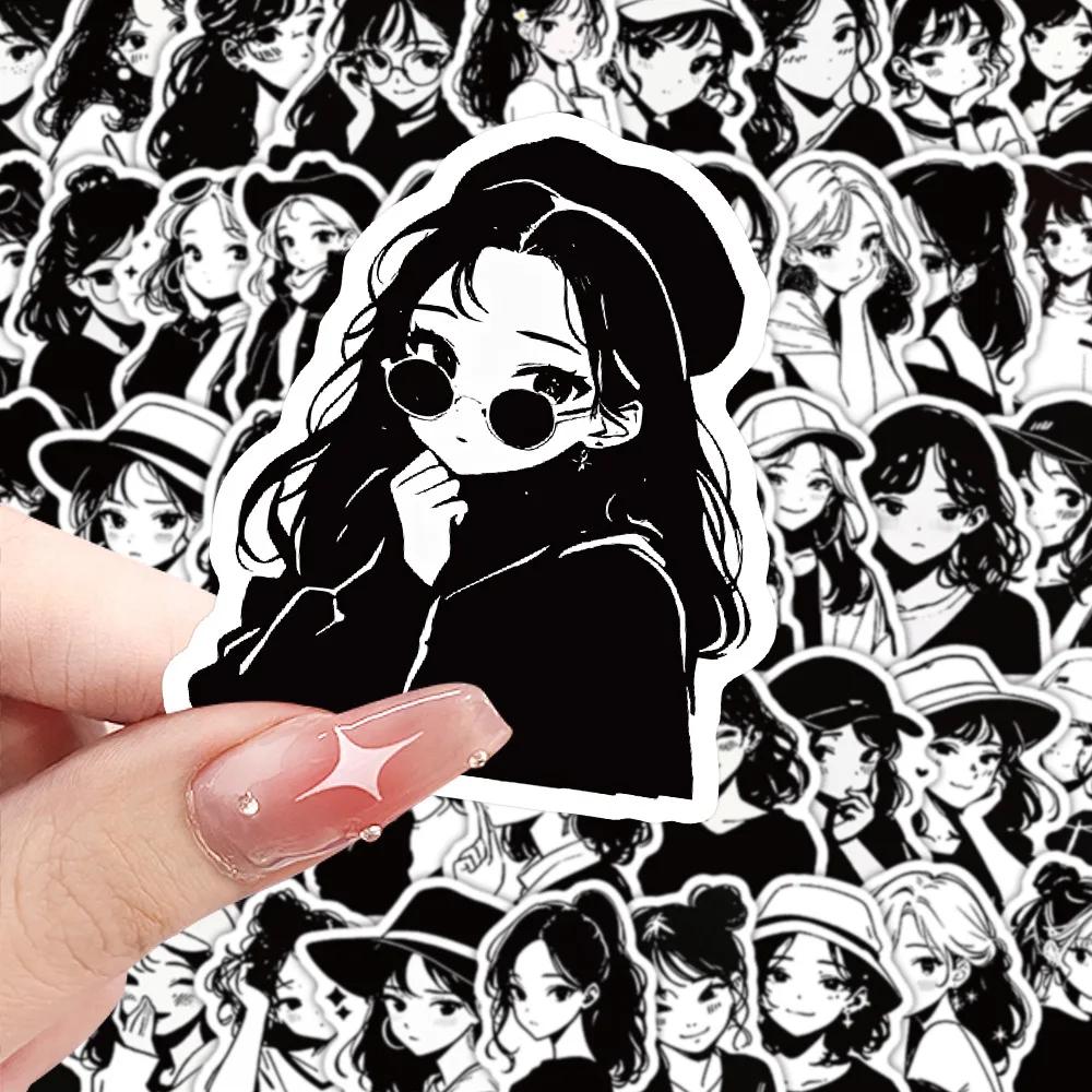 

10/60PCS Cartoon Cute Girl Trendy Personality Doodle Black and White Decorative Stickers DIY Motorcycle Helmet Luggage Diary